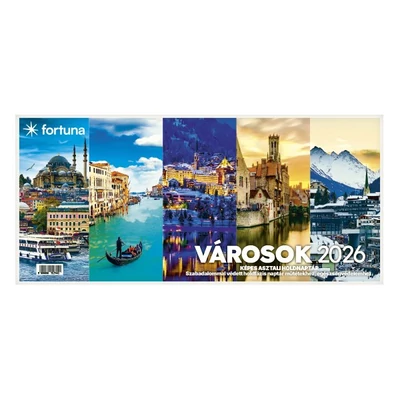 Asztali naptár képes FORTUNA álló fehér lapos holdfázissal Városok 2026.